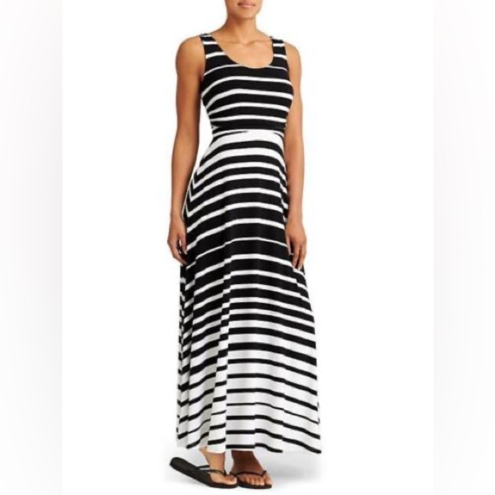 ATHLETA Black & White Striped Sleeveless Maxi Dress